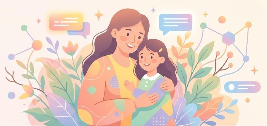 رسم لأمٍّ تحتضن ابنتها وسطَ أوراقٍ وأزهار، وحولهما فقاعات حوار.